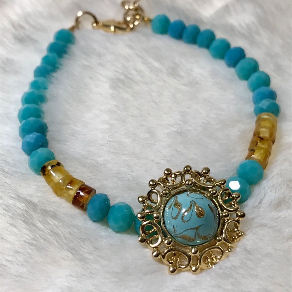 Turquoise Glass and Genuine Amber Bracelet